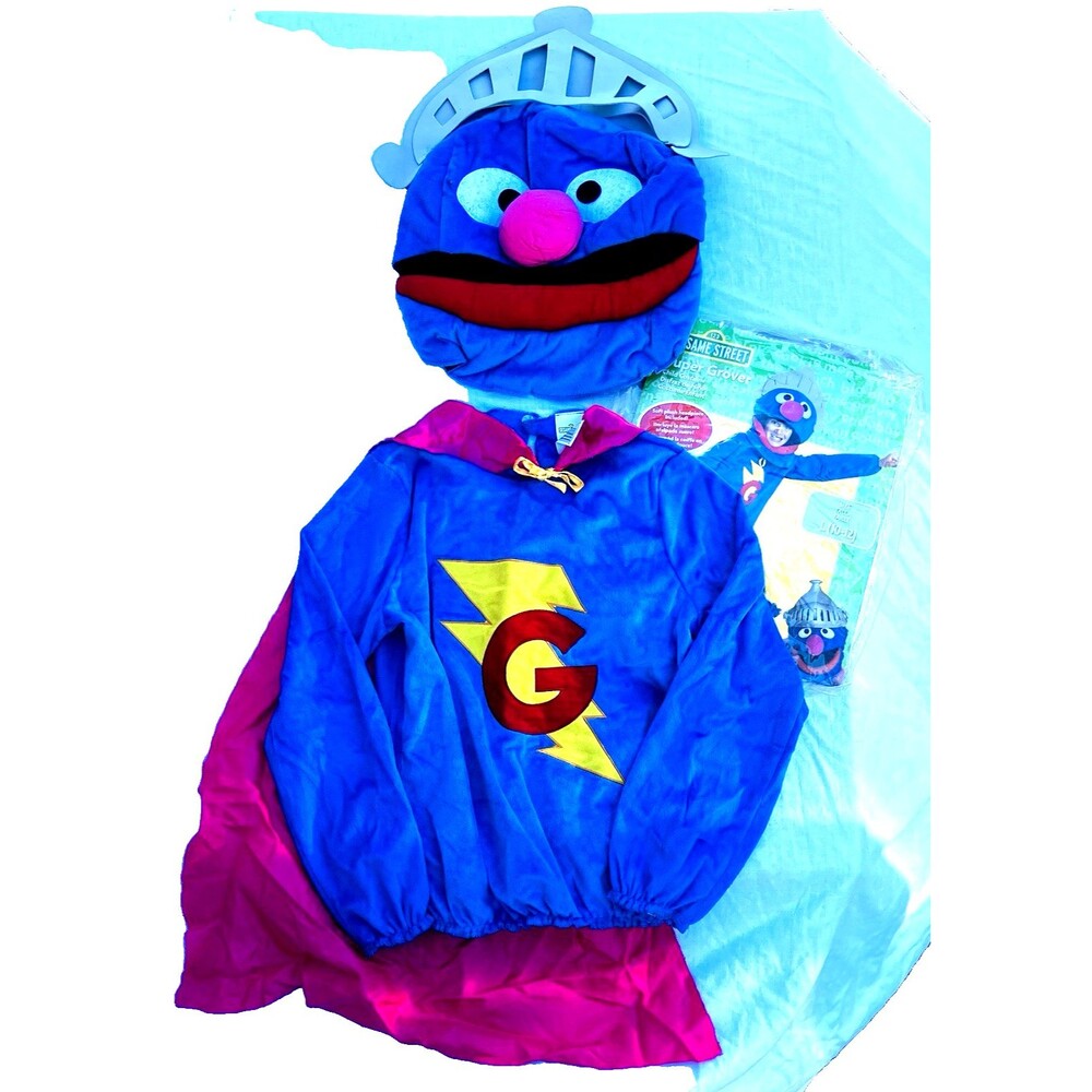 Super Grover Halloween Costume Sesame Street L 10-12 Youth Plush Head Cape Top